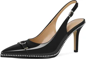 SAMMITOP Women's Slingback High Heels Pointed Toe Buckle Silver Beaded Pumps Stilettos Slip On 3.5 Inch Sexy Heeled Dress Shoes Patent Leather