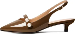 SAMMITOP Women's Slingback Kitten Heels Pumps Pointed Toe Low Heels Strap Closed Toe Pearl Bridal Heels Wedding Party Dress Shoes