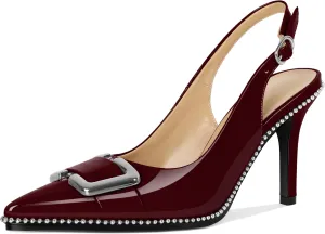 SAMMITOP Womens Slingback Stiletto High Heels Closed Pointed Toe Pumps Beaded Metal Buckle Sexy Office Dress Shoes 3.5 Inch