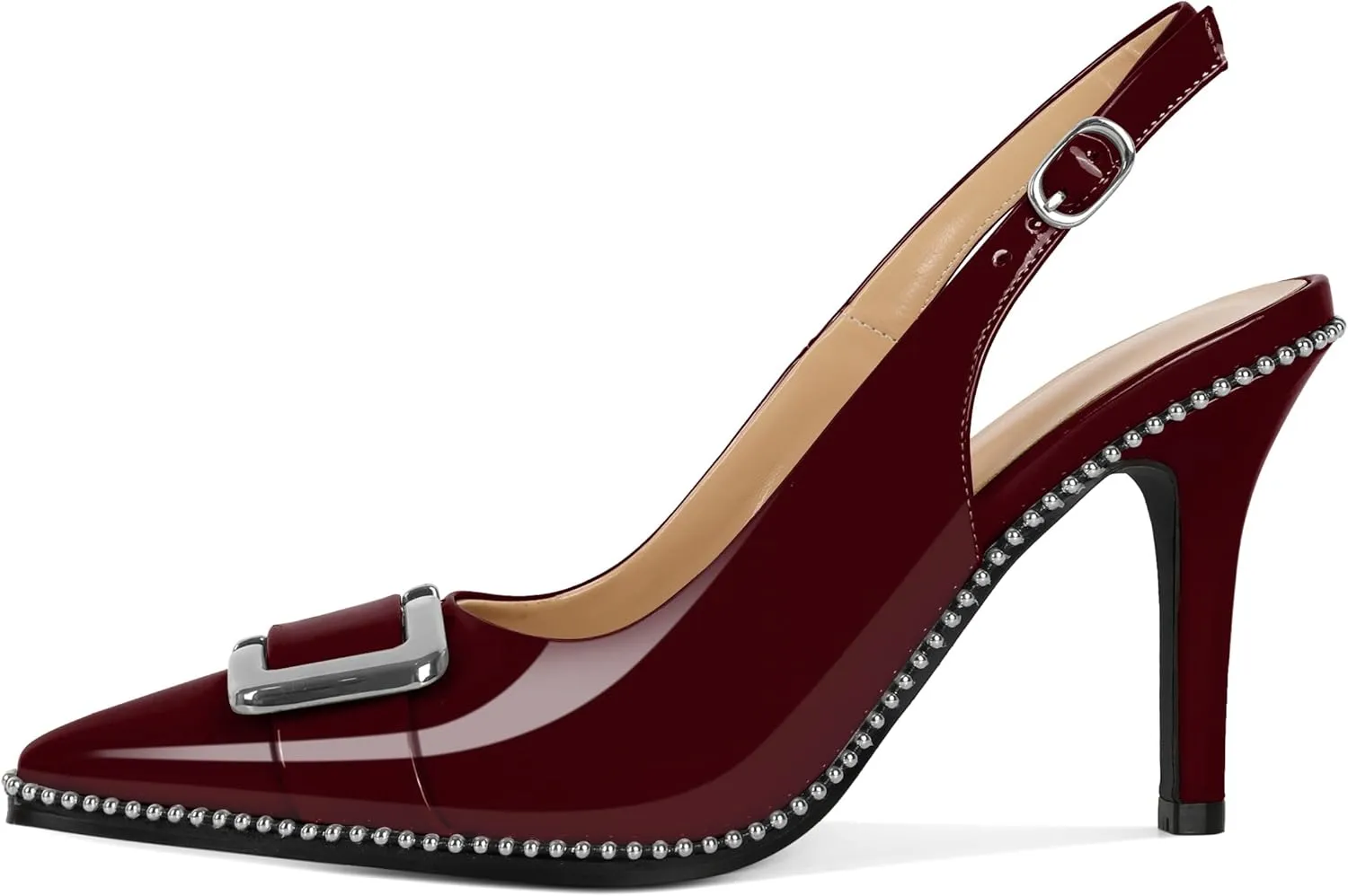 SAMMITOP Womens Slingback Stiletto High Heels Closed Pointed Toe Pumps Beaded Metal Buckle Sexy Office Dress Shoes 3.5 Inch