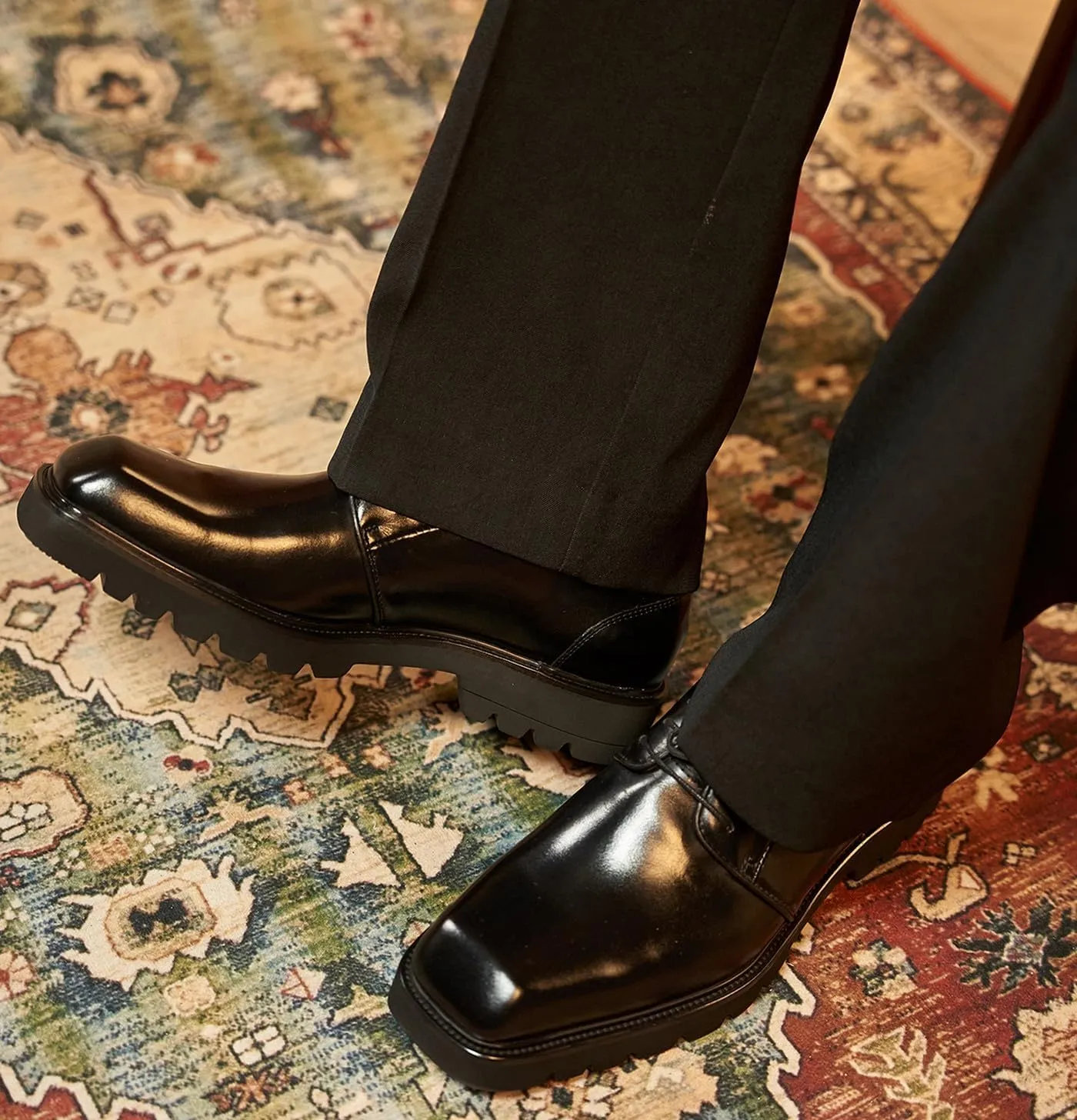 Santimon Men's Oxfords Black Formal Dress Leather Handmade Unique Square Toe Derby Shoes Casual Business Shoes for Men