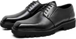 Santimon Men's Oxfords Black Formal Dress Leather Handmade Unique Square Toe Derby Shoes Casual Business Shoes for Men