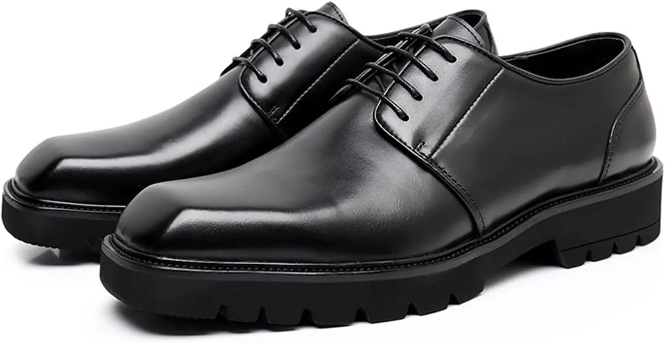 Santimon Men's Oxfords Black Formal Dress Leather Handmade Unique Square Toe Derby Shoes Casual Business Shoes for Men