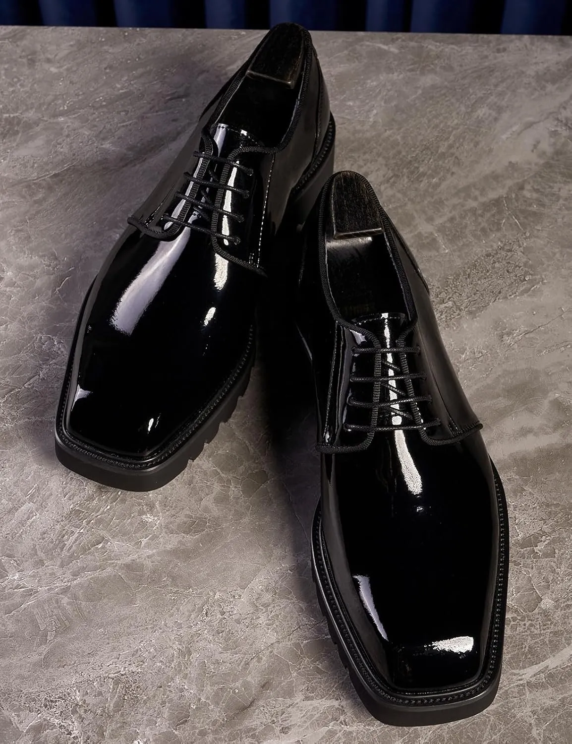 Santimon Men's Oxfords Black Formal Dress Patent Leather Handmade Unique Square Toe Derby Shoes Business Casual Thick-Soled Shoes