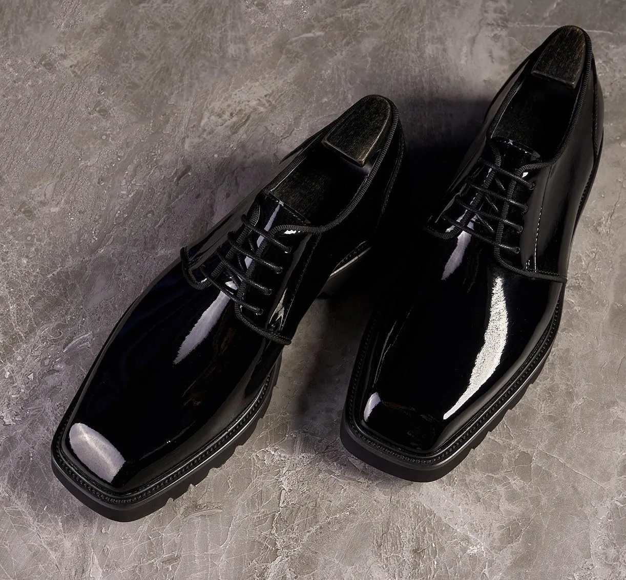 Santimon Men's Oxfords Black Formal Dress Patent Leather Handmade Unique Square Toe Derby Shoes Business Casual Thick-Soled Shoes