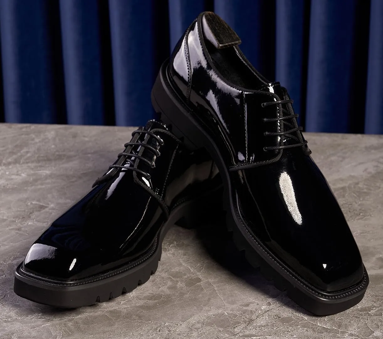 Santimon Men's Oxfords Black Formal Dress Patent Leather Handmade Unique Square Toe Derby Shoes Business Casual Thick-Soled Shoes