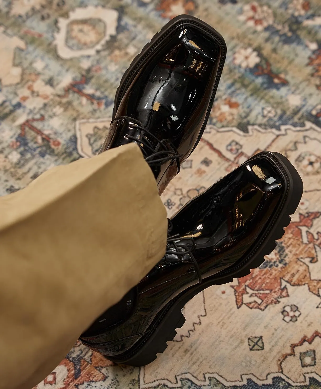 Santimon Men's Oxfords Black Formal Dress Patent Leather Handmade Unique Square Toe Derby Shoes Business Casual Thick-Soled Shoes