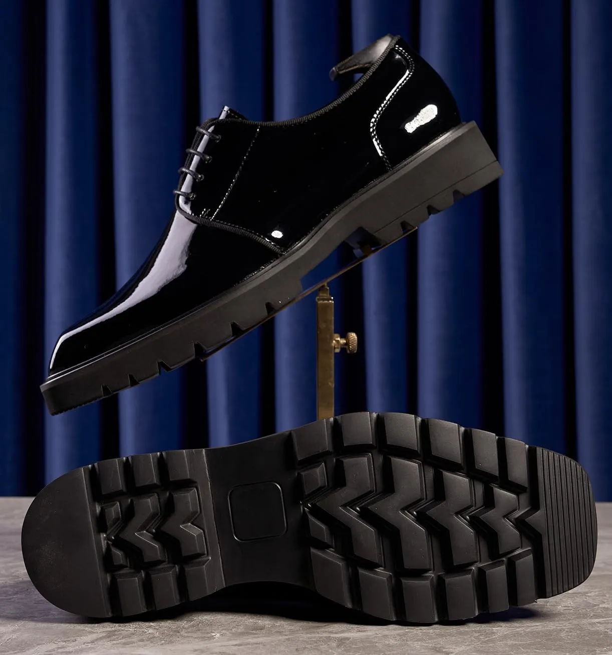 Santimon Men's Oxfords Black Formal Dress Patent Leather Handmade Unique Square Toe Derby Shoes Business Casual Thick-Soled Shoes