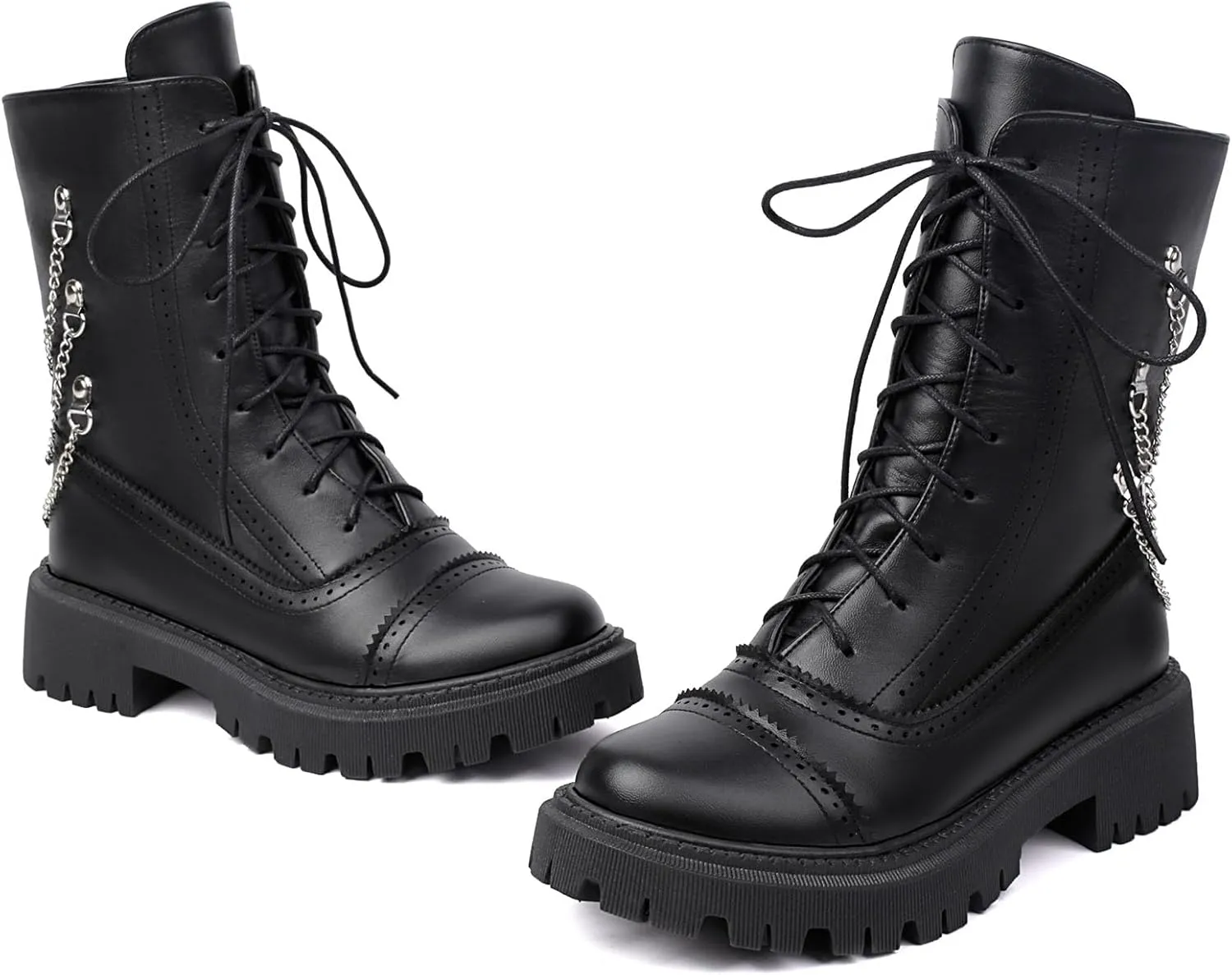 SHEMEE Women's Chunky Low Heels Ankle Boots Comfort Round Square Toe Lace Up Combat Boots Flats British Motorcycle Biker Boots