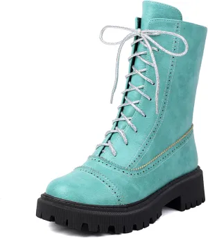 SHEMEE Women's Chunky Low Heels Ankle Boots Comfort Round Square Toe Lace Up Combat Boots Flats British Motorcycle Biker Boots