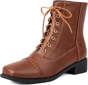 SHEMEE Women's Chunky Low Heels Ankle Boots Comfort Round Square Toe Lace Up Combat Boots Flats British Motorcycle Biker Boots