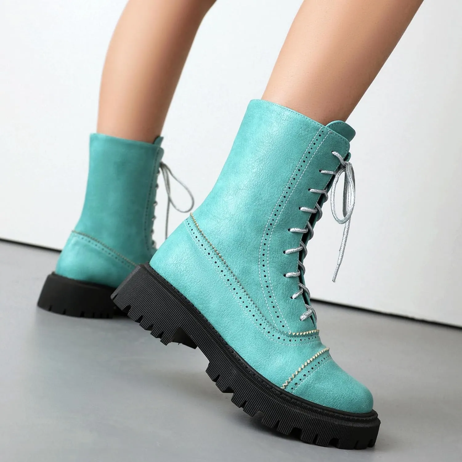 SHEMEE Women's Chunky Low Heels Ankle Boots Comfort Round Square Toe Lace Up Combat Boots Flats British Motorcycle Biker Boots