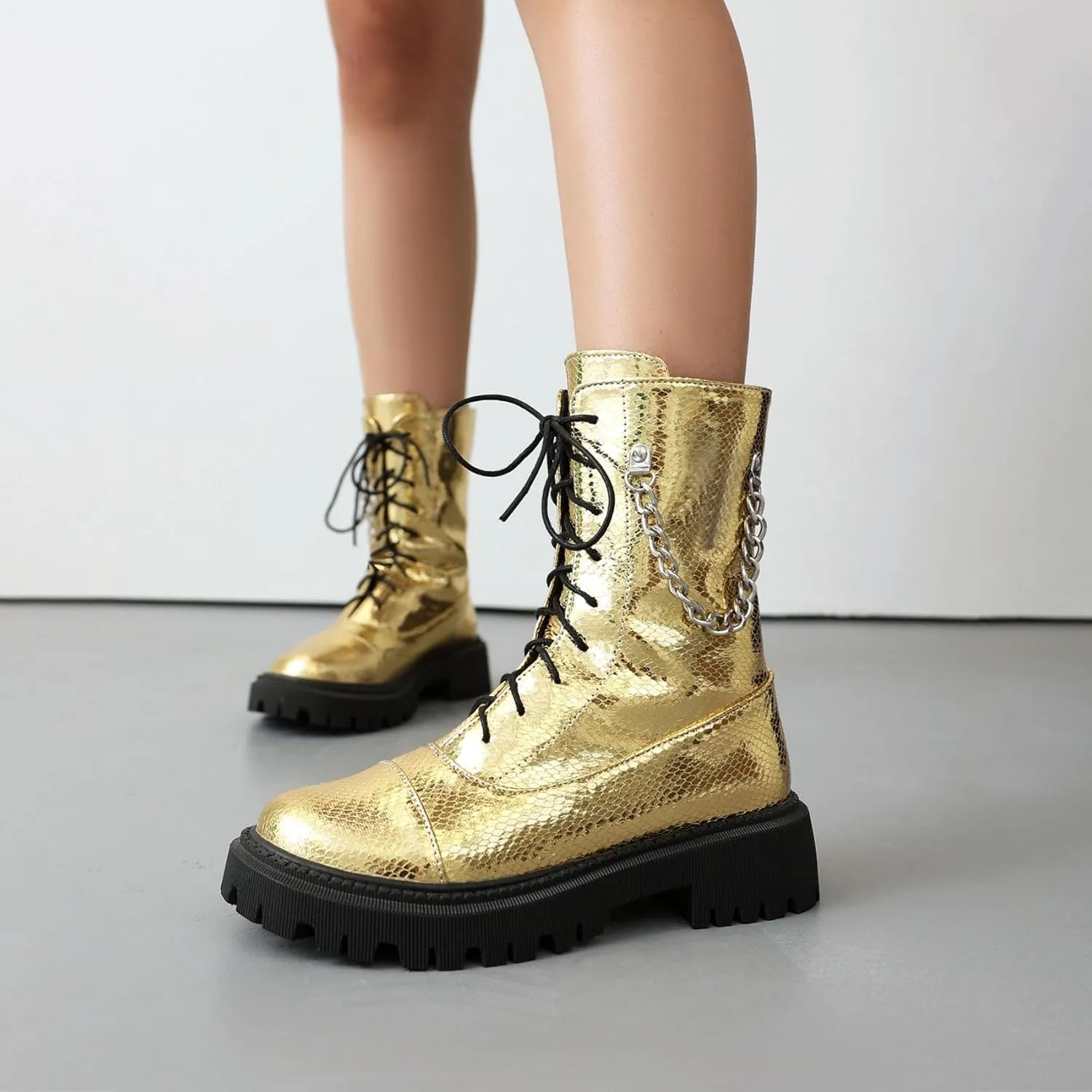 SHEMEE Women's Chunky Low Heels Ankle Boots Comfort Round Square Toe Lace Up Combat Boots Flats British Motorcycle Biker Boots