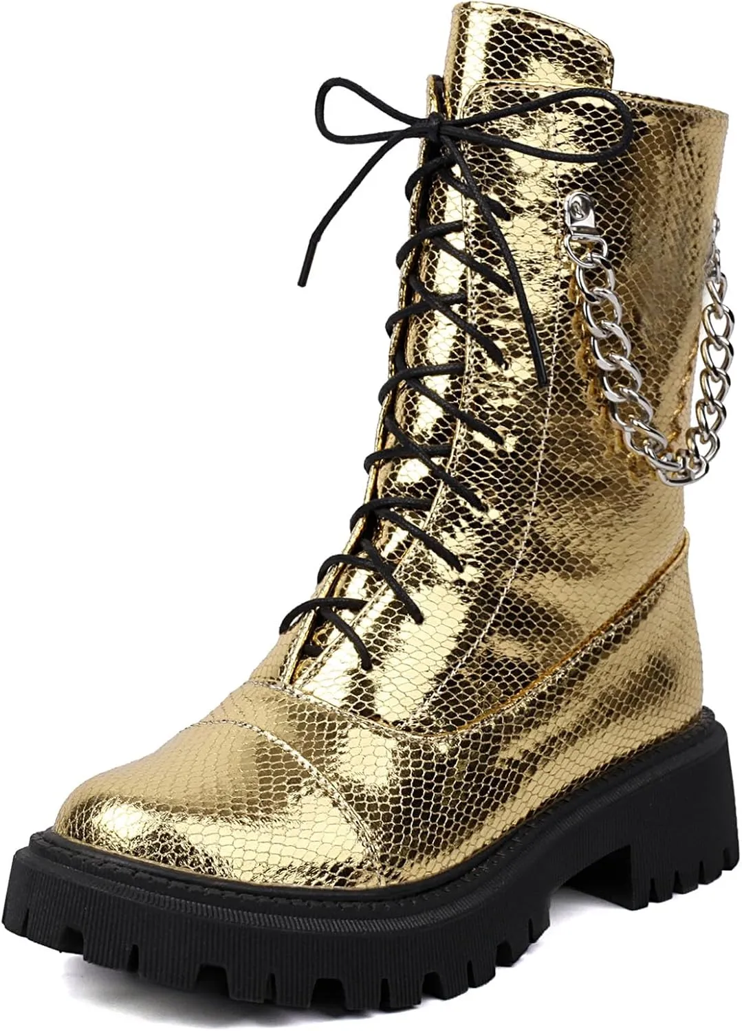 SHEMEE Women's Chunky Low Heels Ankle Boots Comfort Round Square Toe Lace Up Combat Boots Flats British Motorcycle Biker Boots