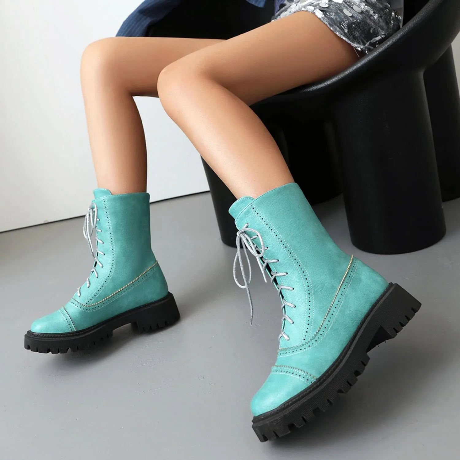 SHEMEE Women's Chunky Low Heels Ankle Boots Comfort Round Square Toe Lace Up Combat Boots Flats British Motorcycle Biker Boots