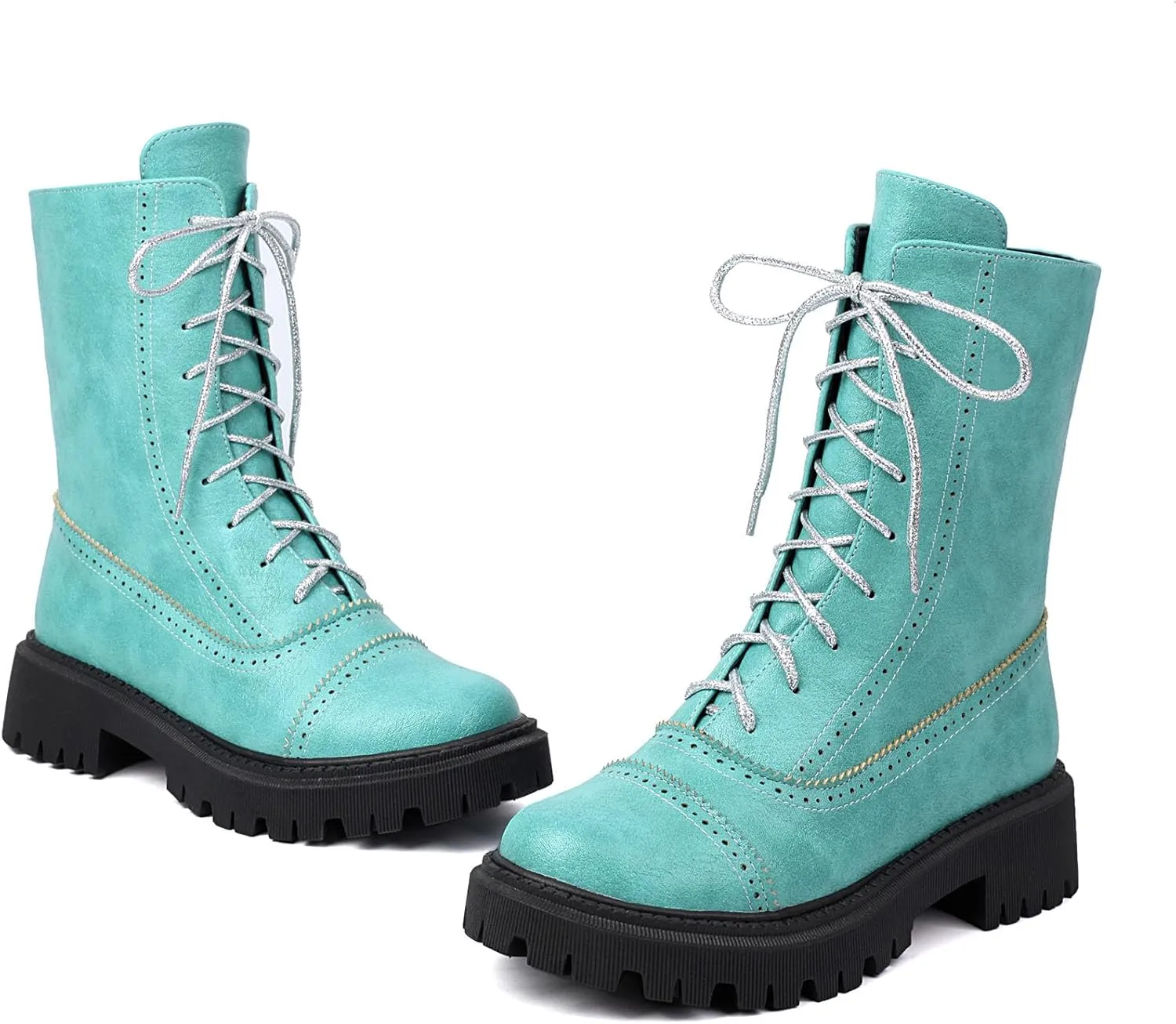 SHEMEE Women's Chunky Low Heels Ankle Boots Comfort Round Square Toe Lace Up Combat Boots Flats British Motorcycle Biker Boots