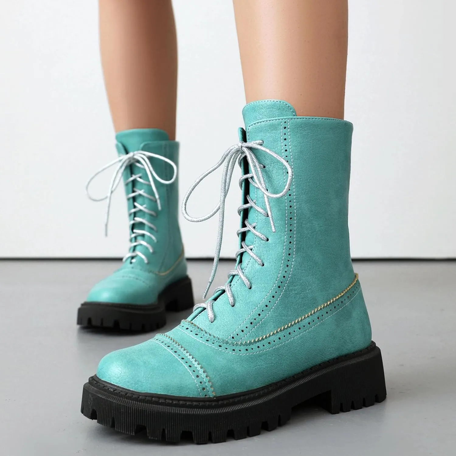 SHEMEE Women's Chunky Low Heels Ankle Boots Comfort Round Square Toe Lace Up Combat Boots Flats British Motorcycle Biker Boots