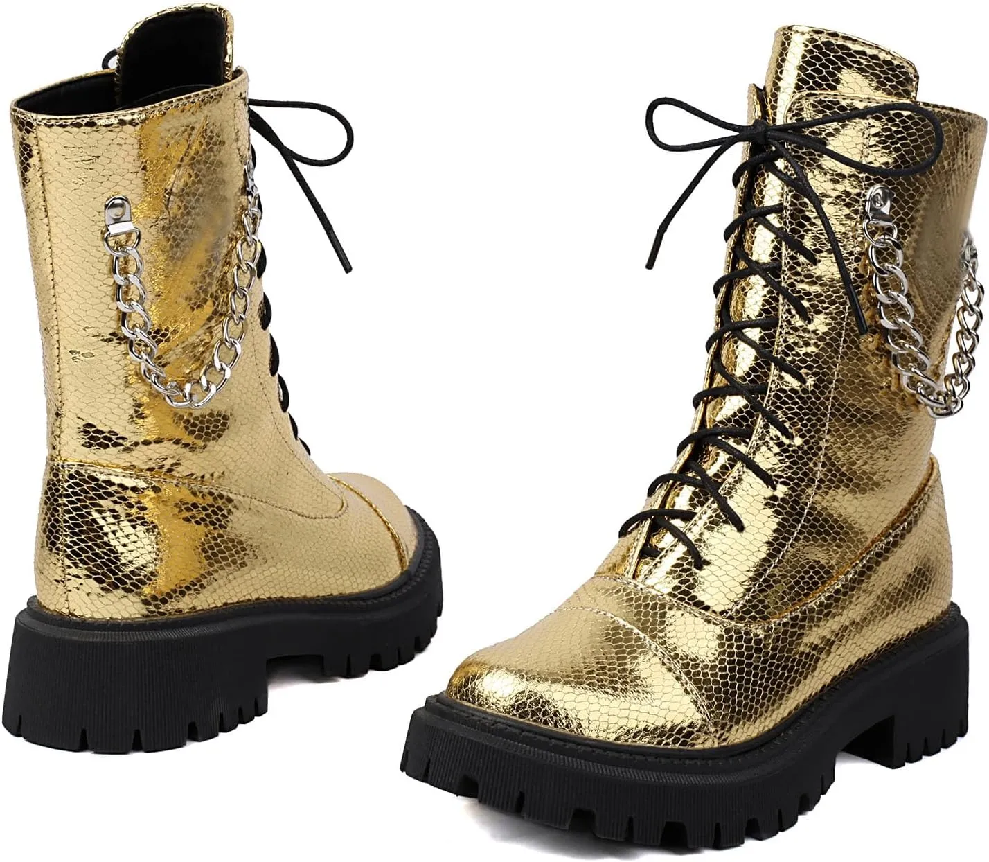 SHEMEE Women's Chunky Low Heels Ankle Boots Comfort Round Square Toe Lace Up Combat Boots Flats British Motorcycle Biker Boots