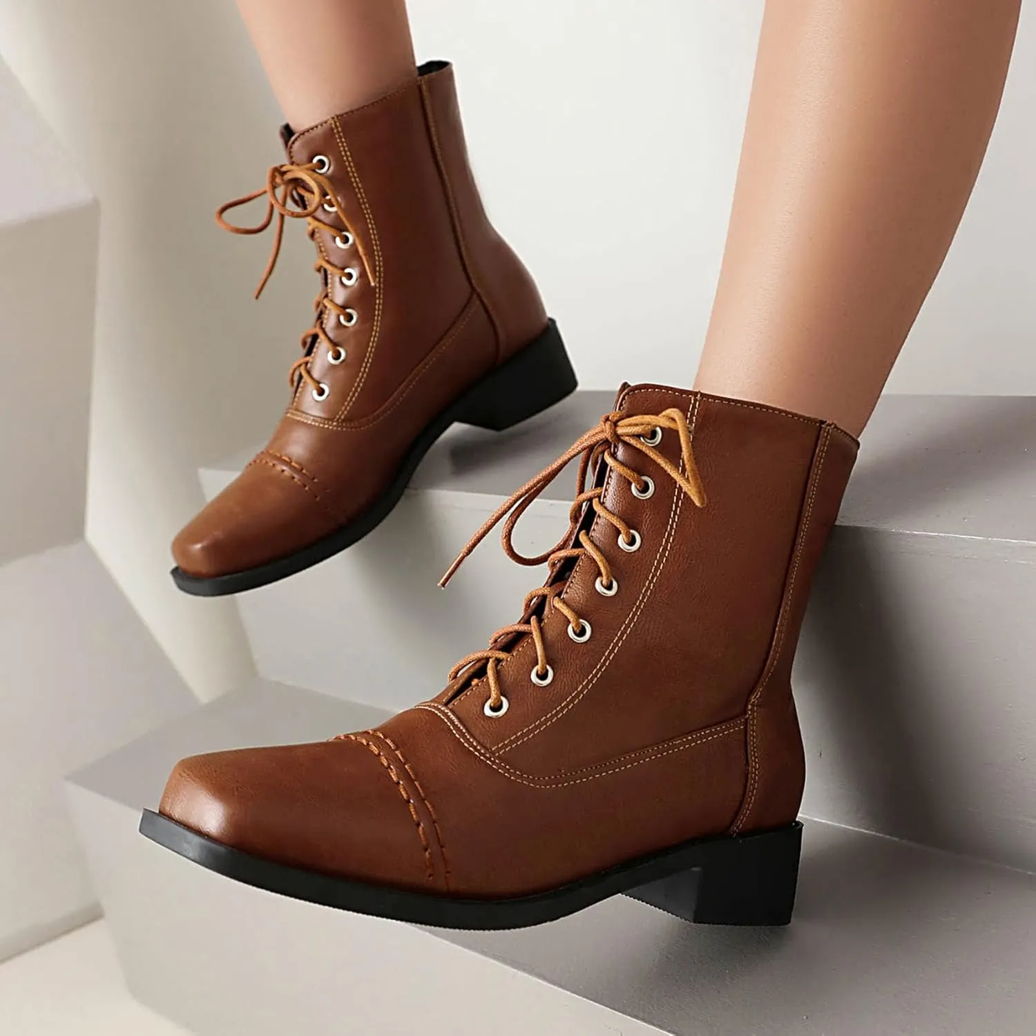 SHEMEE Women's Chunky Low Heels Ankle Boots Comfort Round Square Toe Lace Up Combat Boots Flats British Motorcycle Biker Boots