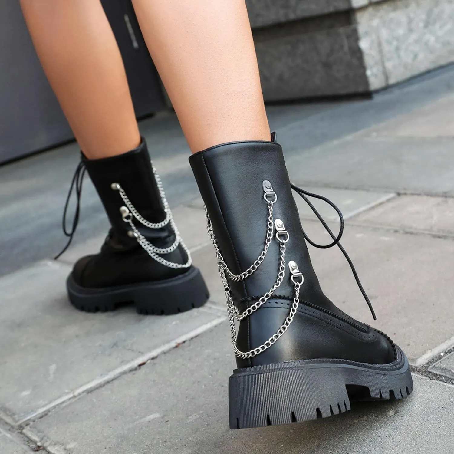 SHEMEE Women's Chunky Low Heels Ankle Boots Comfort Round Square Toe Lace Up Combat Boots Flats British Motorcycle Biker Boots