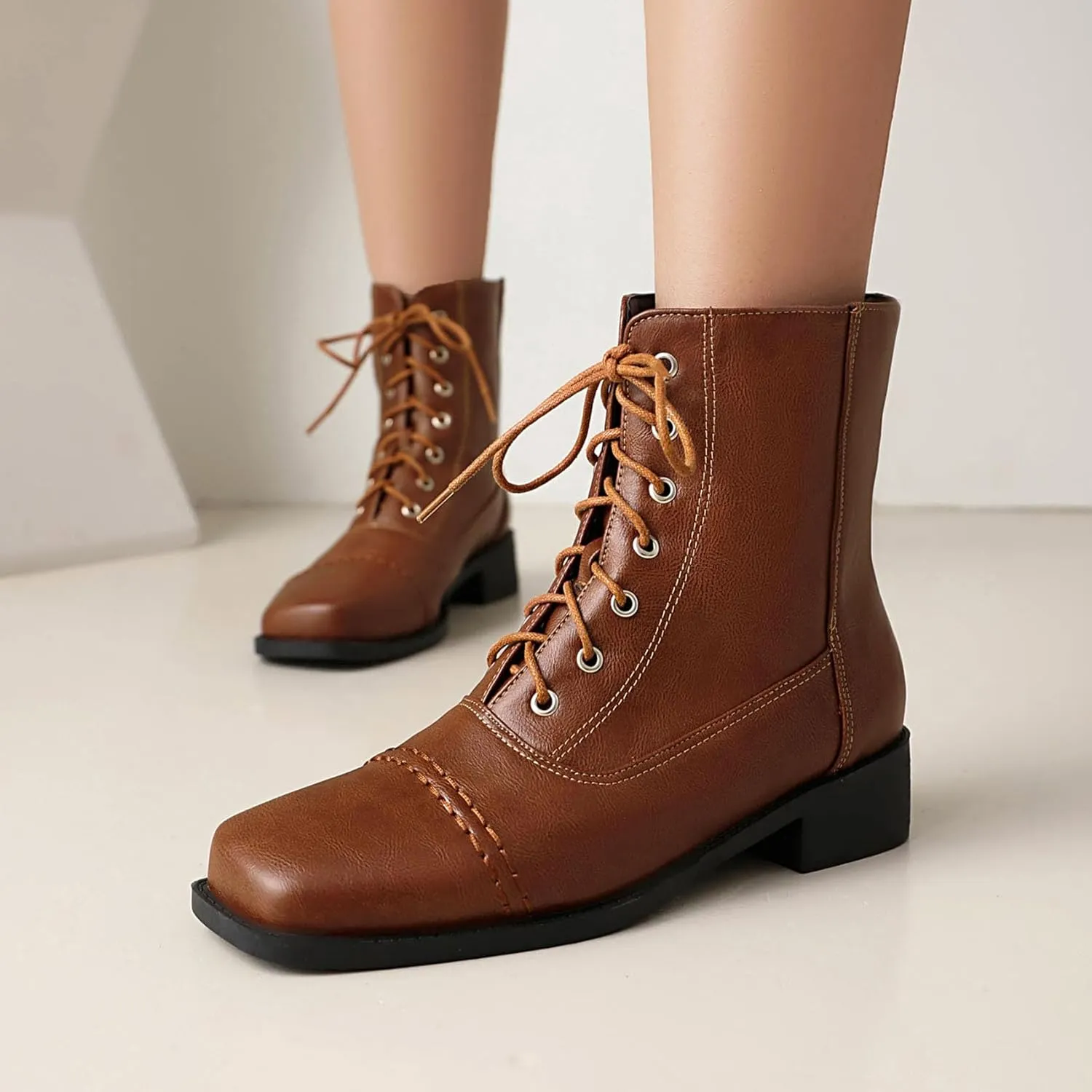 SHEMEE Women's Chunky Low Heels Ankle Boots Comfort Round Square Toe Lace Up Combat Boots Flats British Motorcycle Biker Boots