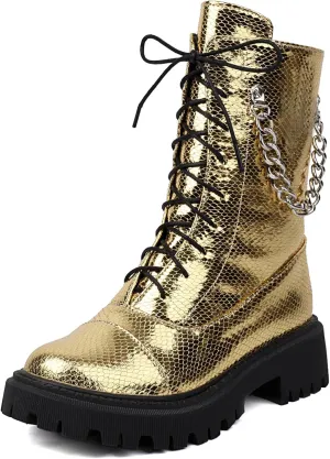 SHEMEE Women's Chunky Low Heels Ankle Boots Comfort Round Square Toe Lace Up Combat Boots Flats British Motorcycle Biker Boots