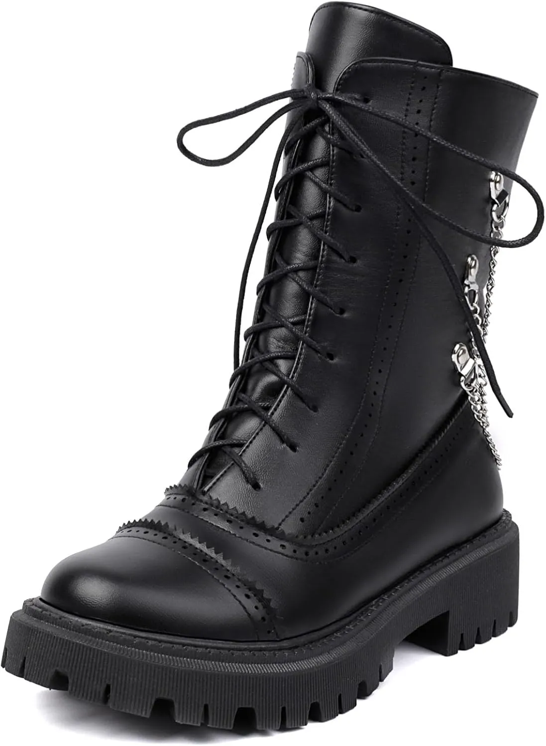 SHEMEE Women's Chunky Low Heels Ankle Boots Comfort Round Square Toe Lace Up Combat Boots Flats British Motorcycle Biker Boots
