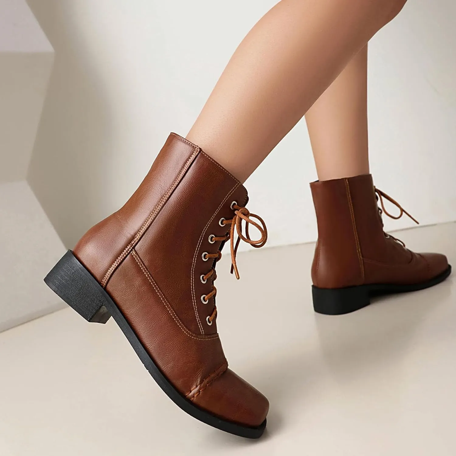 SHEMEE Women's Chunky Low Heels Ankle Boots Comfort Round Square Toe Lace Up Combat Boots Flats British Motorcycle Biker Boots