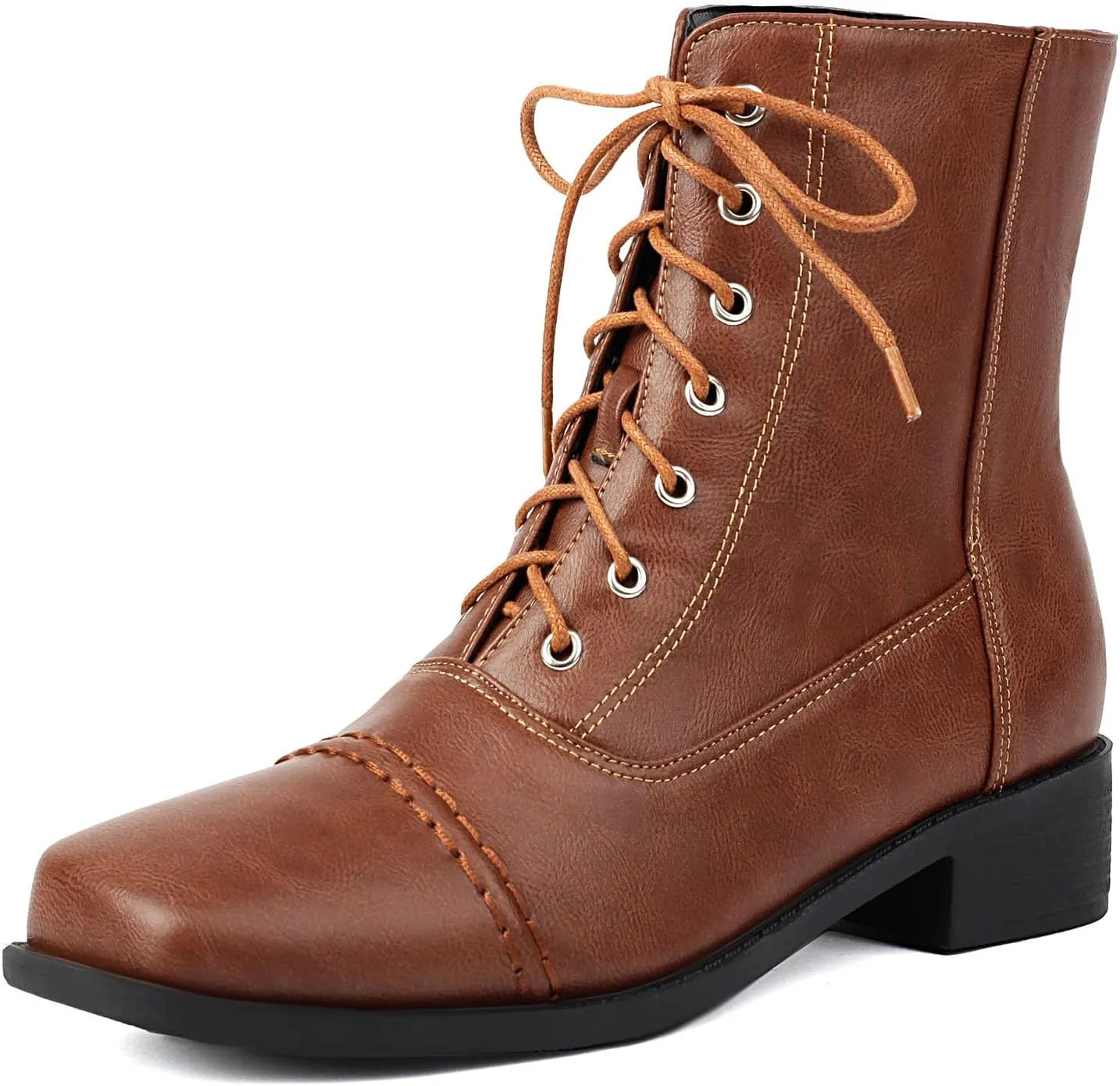 SHEMEE Women's Chunky Low Heels Ankle Boots Comfort Round Square Toe Lace Up Combat Boots Flats British Motorcycle Biker Boots