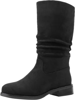 Shoe'N Tale Slouchy Mid Calf Flat Boots for Women Pull On Round Toe Side Zip Fall and Winter Fashion Comfortable Boots