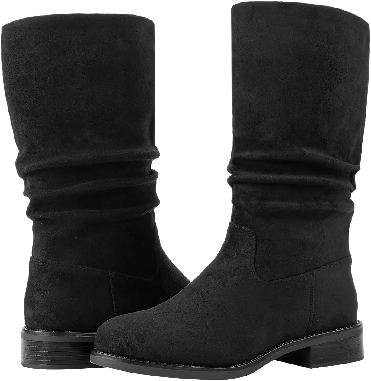 Shoe'N Tale Slouchy Mid Calf Flat Boots for Women Pull On Round Toe Side Zip Fall and Winter Fashion Comfortable Boots