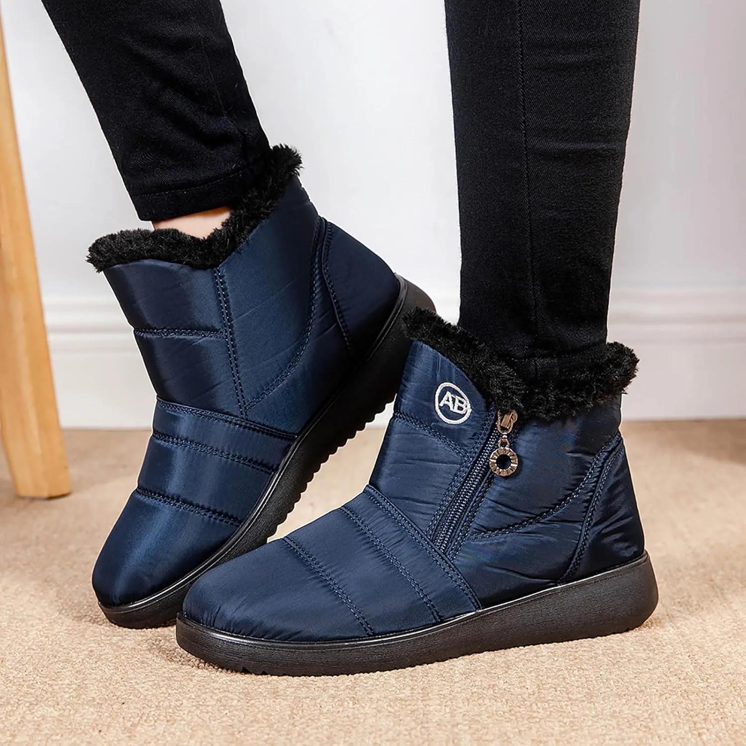 Snow Boots for Women Warm Fur Lined Ankle Boots Winter Comfy Flat Heel Booties Outdoor Waterproof Short Shoes