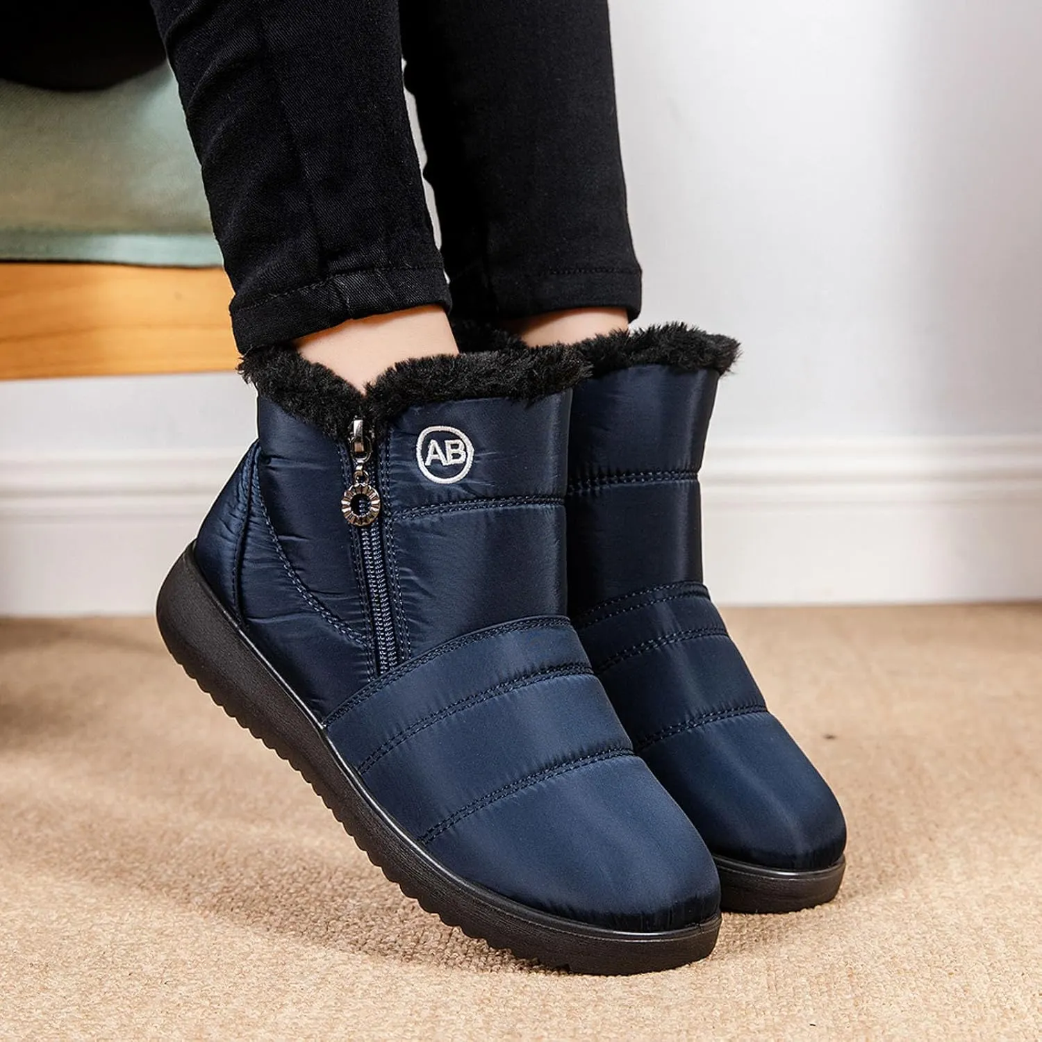 Snow Boots for Women Warm Fur Lined Ankle Boots Winter Comfy Flat Heel Booties Outdoor Waterproof Short Shoes