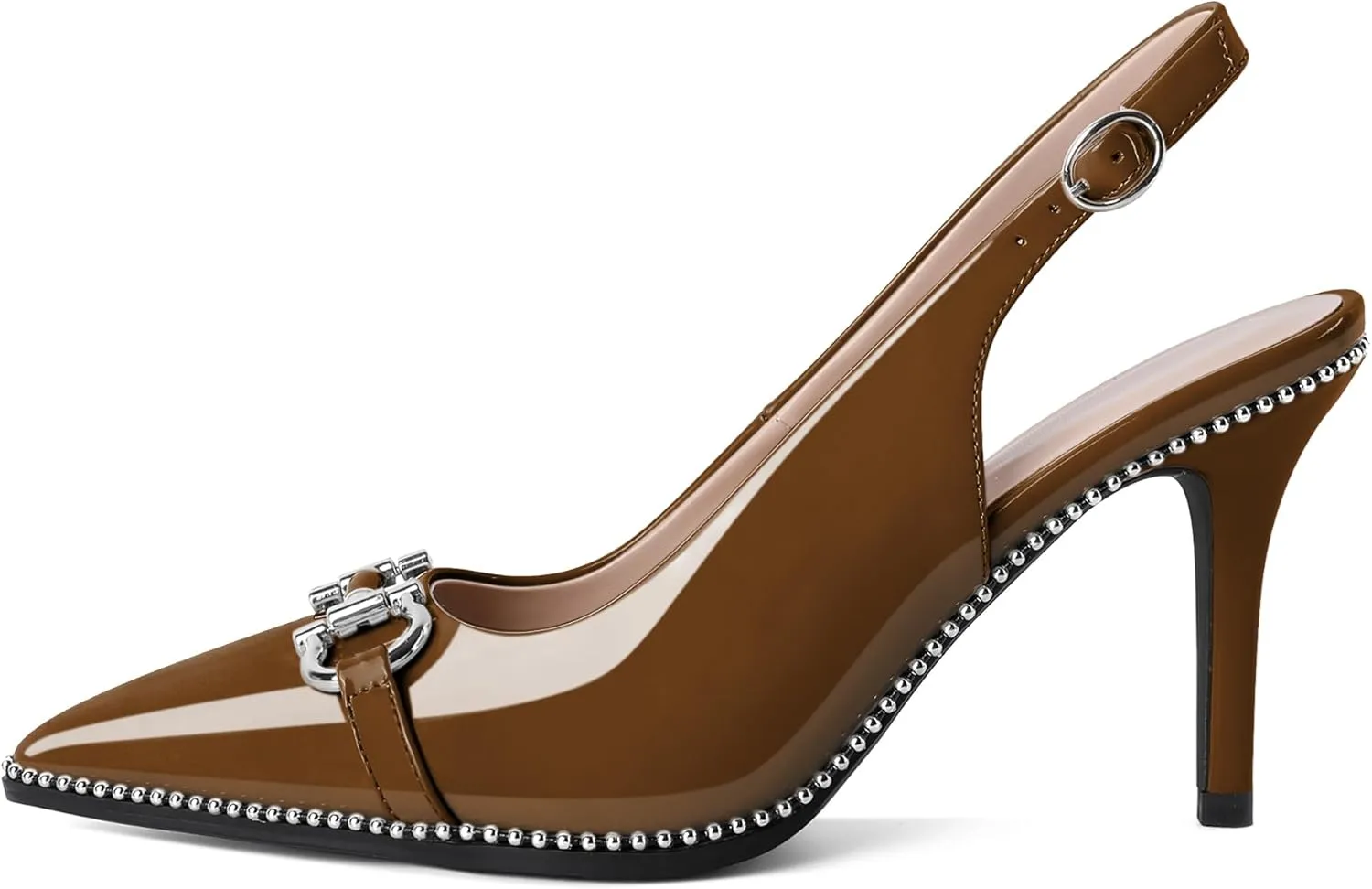 Soireelady Women Beaded Pumps High Heel Slingback Pointed Toe Slip On Stilettos Ankle Strap Adjustable Buckle 3.5 Inch Dress Shoes Patent Leather
