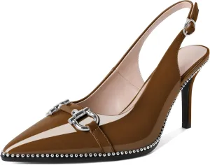 Soireelady Women Beaded Pumps High Heel Slingback Pointed Toe Slip On Stilettos Ankle Strap Adjustable Buckle 3.5 Inch Dress Shoes Patent Leather