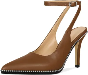 Soireelady Women Slingback High Heel Beaded Pumps Pointed Toe Stilettos Slip On Strappy Heels Ankle Strap Dress Pumps Shoes 3.5 Inches