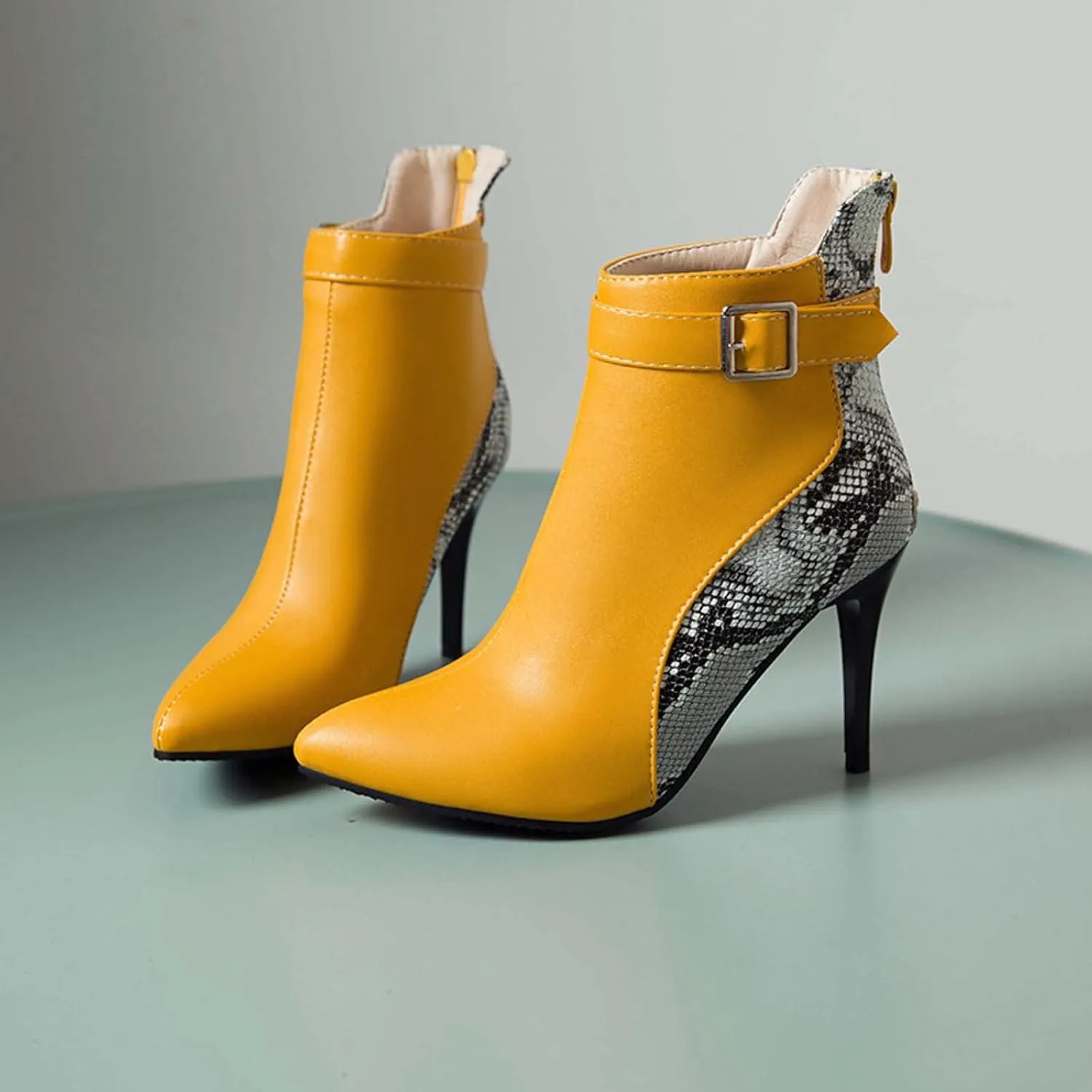Stiletto Ankle Boots for Women - 2021 Fashion Pointed Toe Back Zipper Belt Buckle Snake Pattern Stitching Short Booties Casual High Heels Shoes