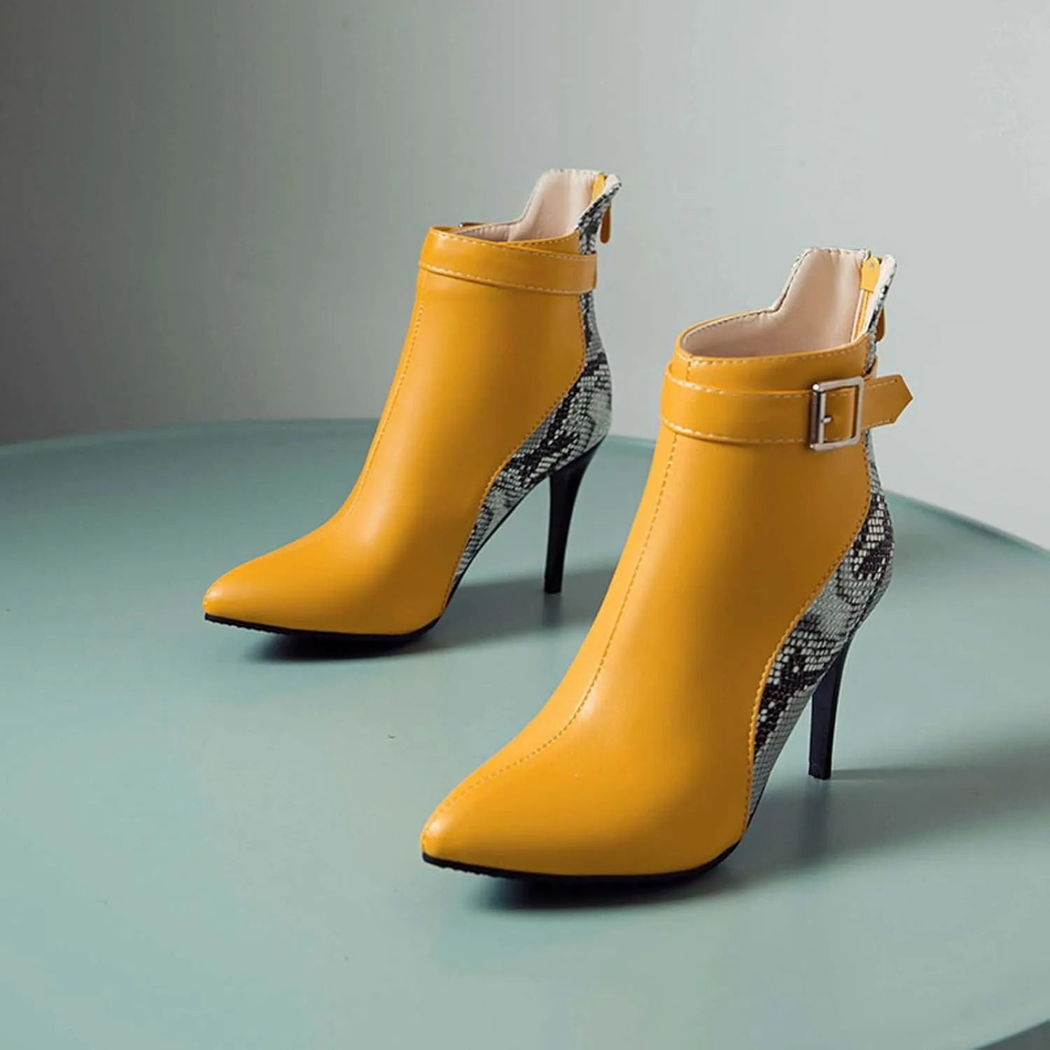 Stiletto Ankle Boots for Women - 2021 Fashion Pointed Toe Back Zipper Belt Buckle Snake Pattern Stitching Short Booties Casual High Heels Shoes