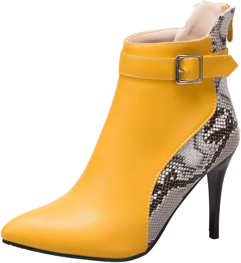 Stiletto Ankle Boots for Women - 2021 Fashion Pointed Toe Back Zipper Belt Buckle Snake Pattern Stitching Short Booties Casual High Heels Shoes