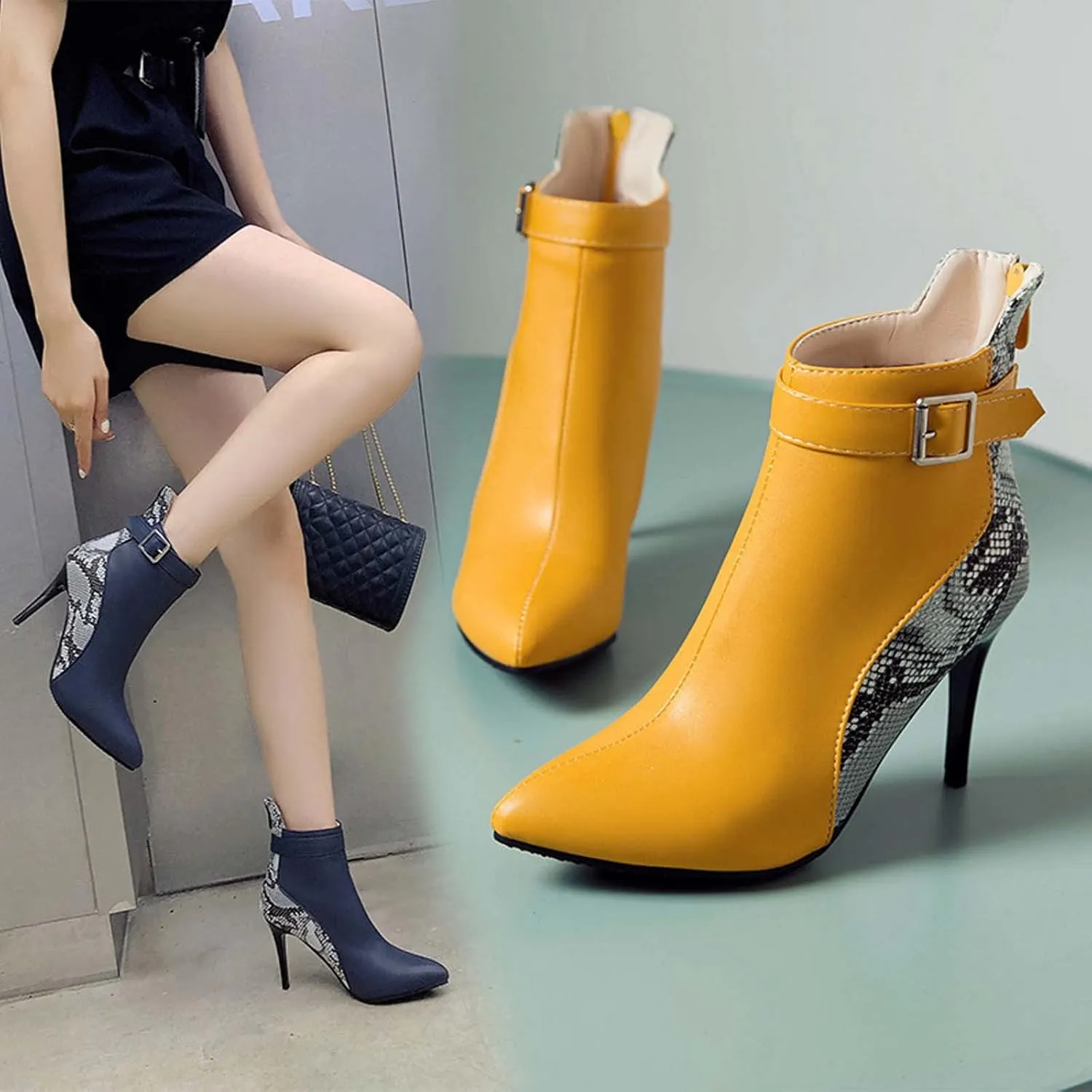 Stiletto Ankle Boots for Women - 2021 Fashion Pointed Toe Back Zipper Belt Buckle Snake Pattern Stitching Short Booties Casual High Heels Shoes