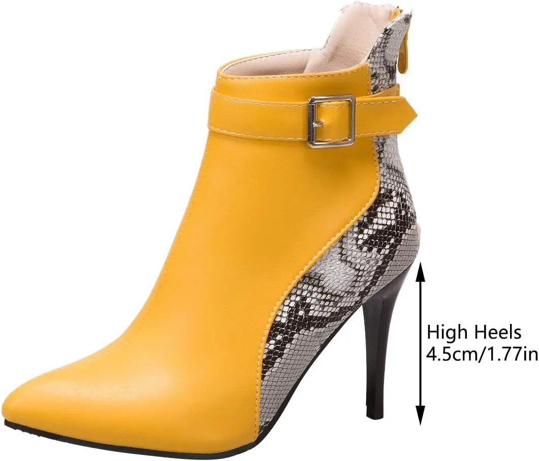 Stiletto Ankle Boots for Women - 2021 Fashion Pointed Toe Back Zipper Belt Buckle Snake Pattern Stitching Short Booties Casual High Heels Shoes