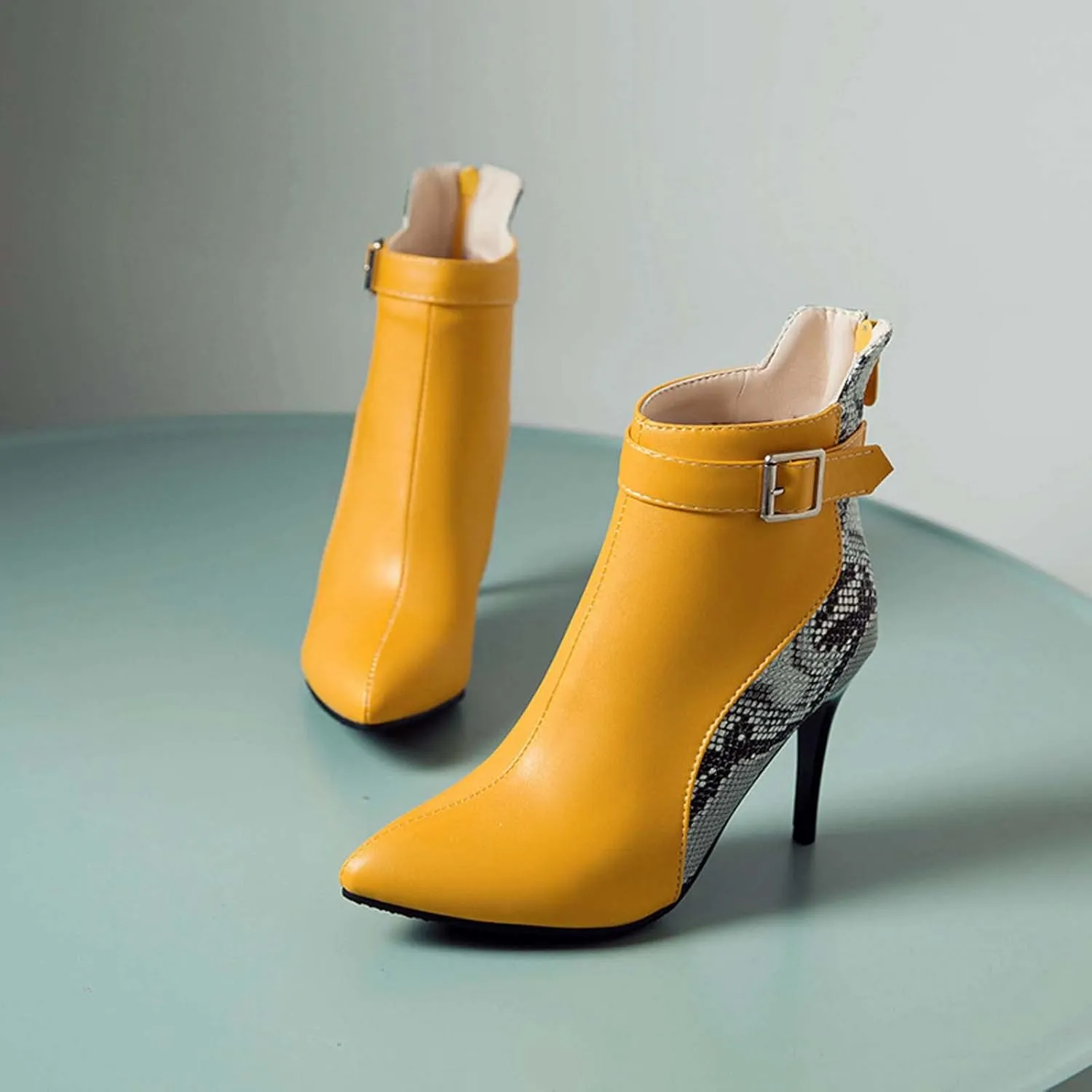 Stiletto Ankle Boots for Women - 2021 Fashion Pointed Toe Back Zipper Belt Buckle Snake Pattern Stitching Short Booties Casual High Heels Shoes