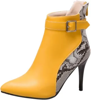 Stiletto Ankle Boots for Women - 2021 Fashion Pointed Toe Back Zipper Belt Buckle Snake Pattern Stitching Short Booties Casual High Heels Shoes