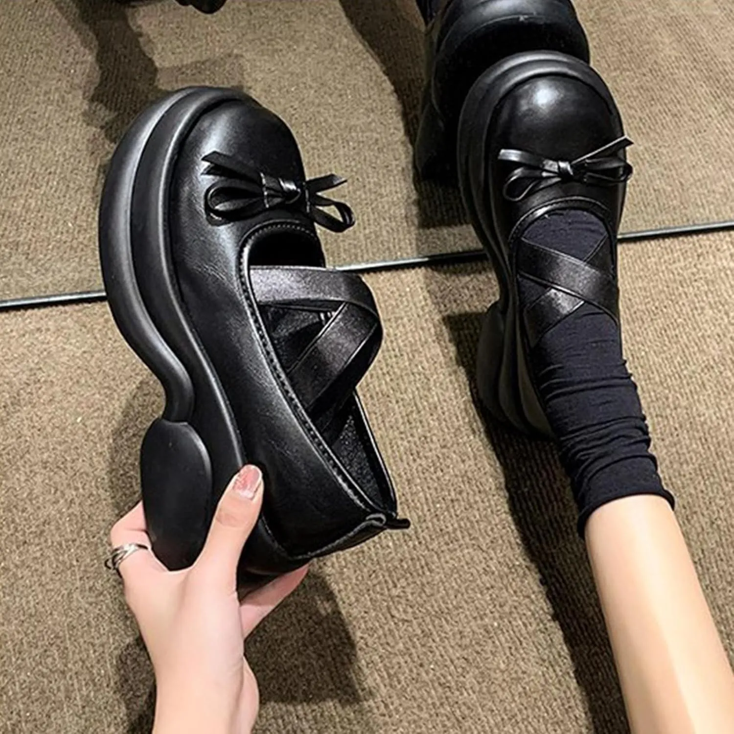 Sweet Lolita Cosplay Flat Mary Jane Shoes Cute Goth Chunky Platform Dress Pumps Shoes PU Leather Oxfords for Women