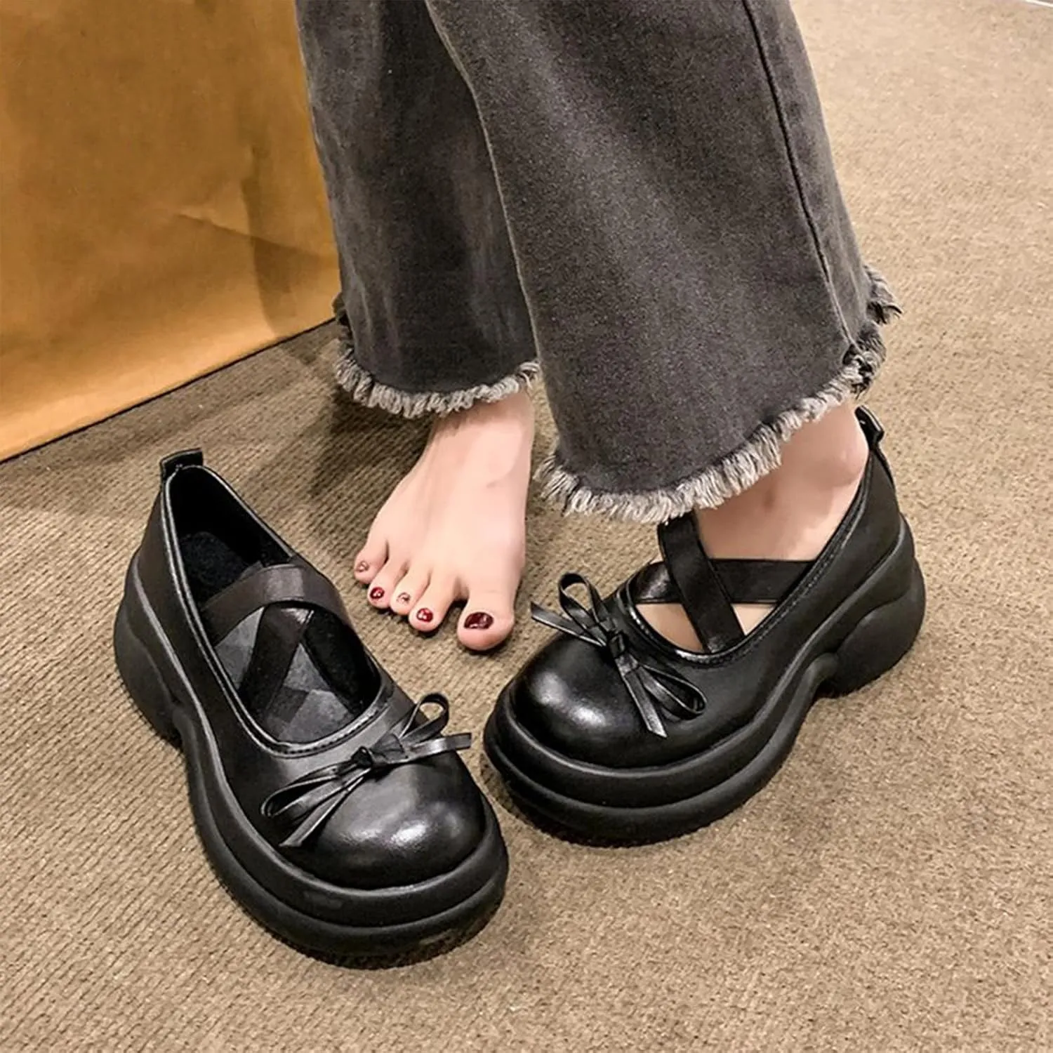 Sweet Lolita Cosplay Flat Mary Jane Shoes Cute Goth Chunky Platform Dress Pumps Shoes PU Leather Oxfords for Women