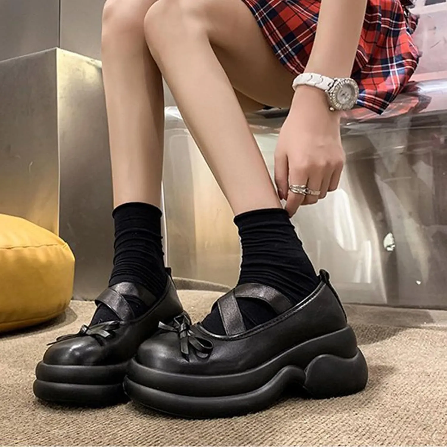 Sweet Lolita Cosplay Flat Mary Jane Shoes Cute Goth Chunky Platform Dress Pumps Shoes PU Leather Oxfords for Women