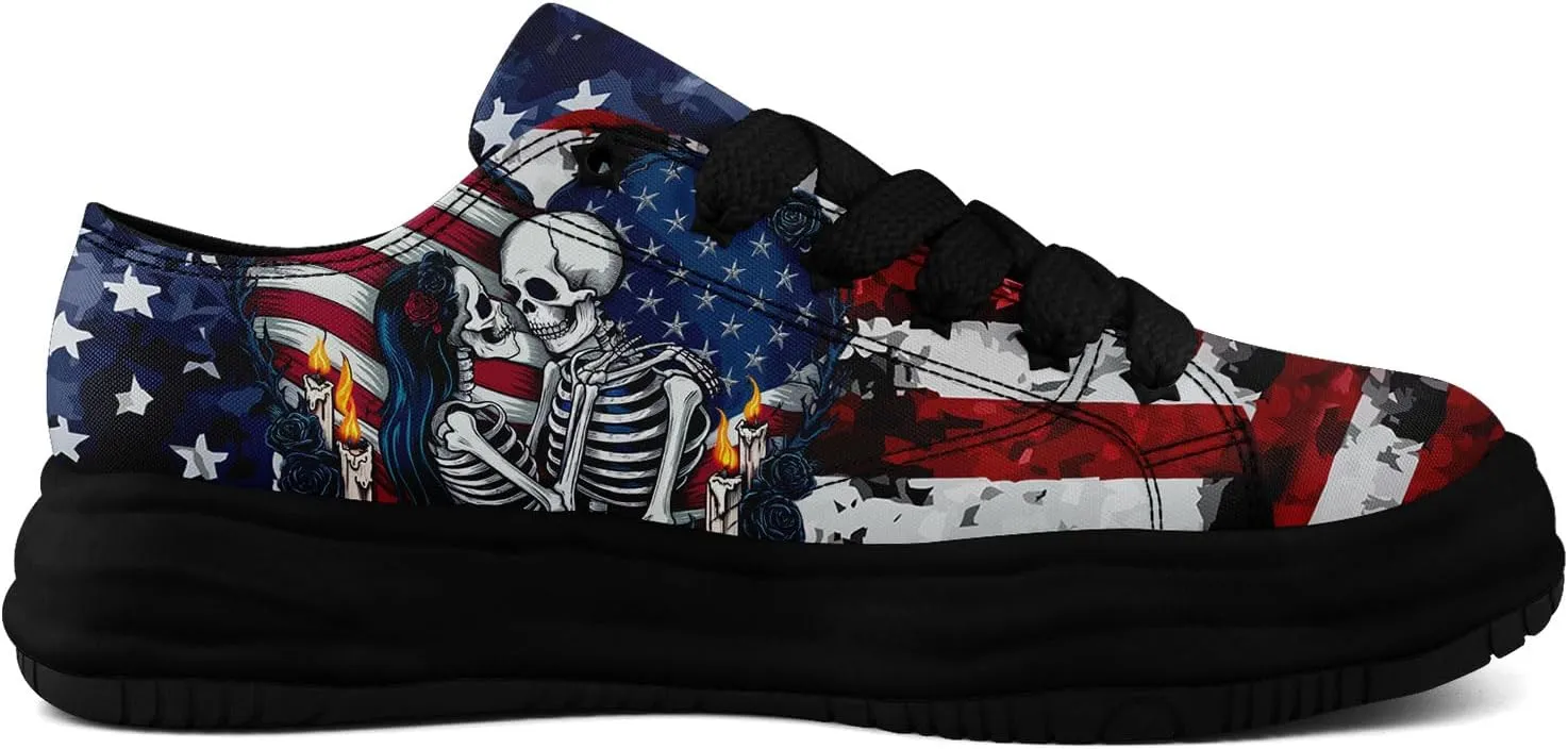 Unisex Skull Canvas Shoes Fashion Sneakers Low Top Flat Casual Tennis Walking Shoes for Men Women