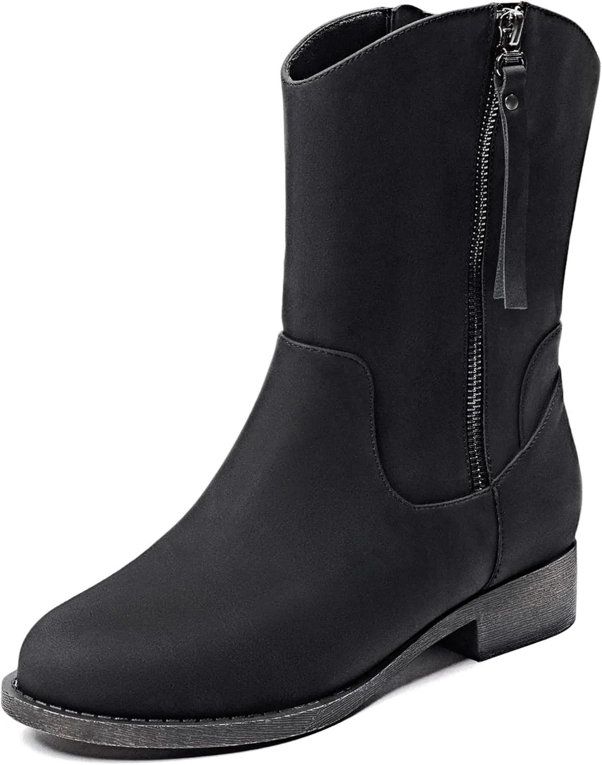 Veittes Women's Cowboy Cowgirl Boots, Comfy Low Heel Round Toe Side Zipper Fashion Western Mid-calf Boots.(2404013-1,BK/PU,8)