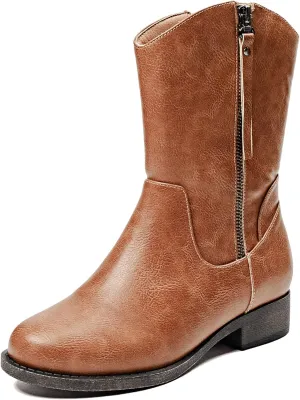 Veittes Women's Cowboy Cowgirl Boots, Comfy Low Heel Round Toe Side Zipper Fashion Western Mid-calf Boots.(2404013-1,BR/PU,9)