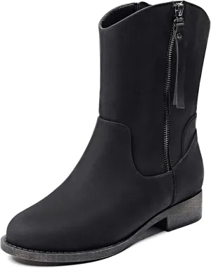Veittes Women's Mid-Calf Cowboy Cowgirl Boots with Low Chunky Heel, Side Zipper, Motorcycle Style, Classic Round Toe,Fashion Western (Black/Dark Brown/Grey) Boots